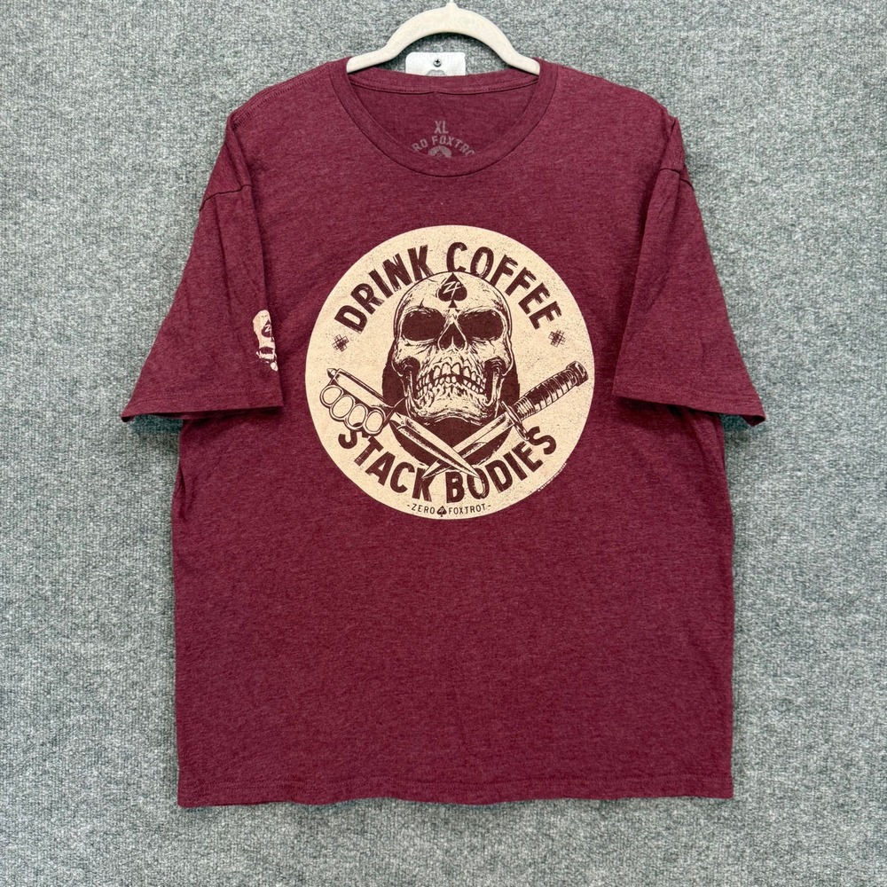 Zero Foxtrot Tshirt Mens XL Maroon Drink Coffee Bodies Skull Graphic Tee‎